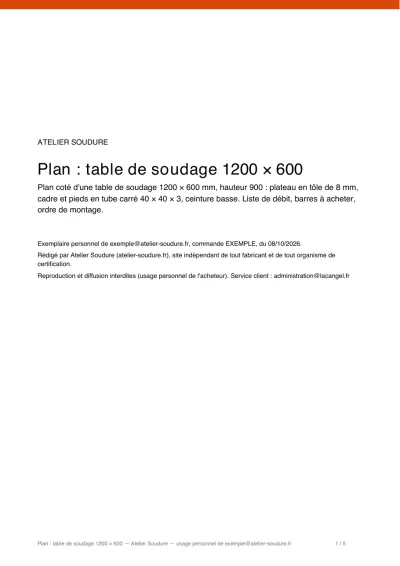 Couverture du plan (exemplaire personnel, e-mail de l'acheteur imprimé)